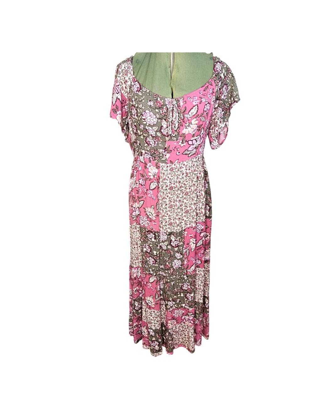 Woman's cottagecore patchwork whimsy floral print smocked back maxi dress XL
